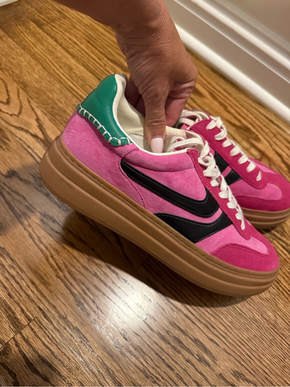 Steve Madden Pink Suede Sneakers with Black Swoosh and Green Heel